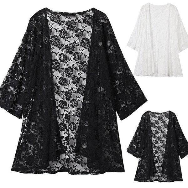 blouse women lace shirt embroidered beach sunscreen clothing cardigan, Black;white