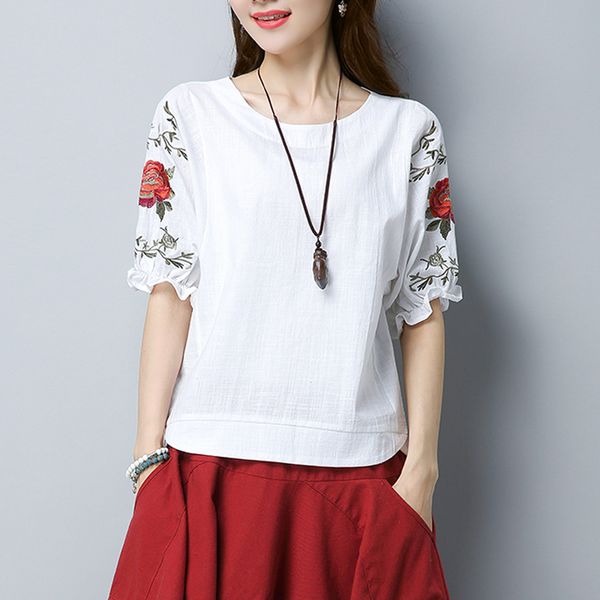 2019 spring summer women elegant o neck short sleeve cotton linen shirts casual vintage floral embroidery loose blouse, White
2019 spring summer women elegant o neck short sleeve cotton linen shirts casual vintage floral embroidery loose blouse, White