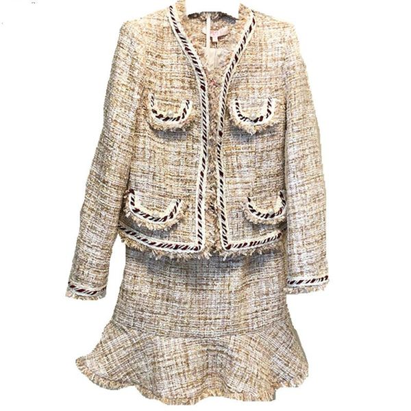 2019 autumn winter outfits tweed plaid skirt suit ladies fringed trim pearls jacket coat+wool fishtail mini skirts 2 pieces set, White
2019 autumn winter outfits tweed plaid skirt suit ladies fringed trim pearls jacket coat+wool fishtail mini skirts 2 pieces set, White