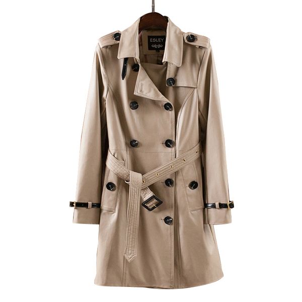 2018 new designer khaki soft matte leather classic style two line button with belt women lady autumn winter slim long trench, Black
2018 new designer khaki soft matte leather classic style two line button with belt women lady autumn winter slim long trench, Black