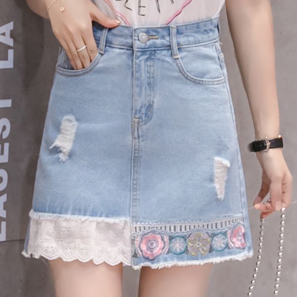 women's denim short skirt high waist embroidery a word denim skirt student korean hole mesh mori girl, Black
women's denim short skirt high waist embroidery a word denim skirt student korean hole mesh mori girl, Black