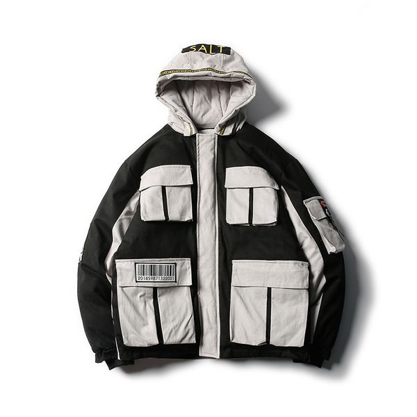 19 winter japanese original guochao multi pocket overalls hooded cotton coat japanese color matching cotton man, Black
19 winter japanese original guochao multi pocket overalls hooded cotton coat japanese color matching cotton man, Black