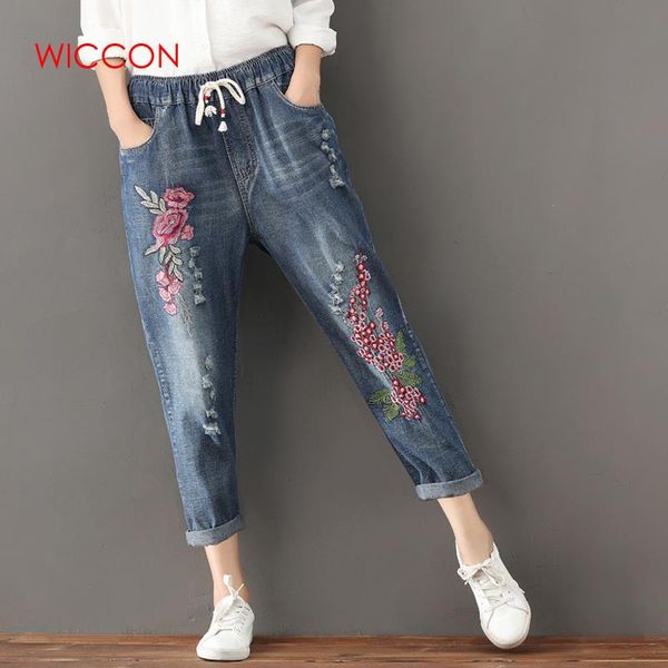 plus size s-3xl drawstring women jeans autumn harem pants embroidery floral elastic waist vintage trousers new ripped jeans, Blue
plus size s-3xl drawstring women jeans autumn harem pants embroidery floral elastic waist vintage trousers new ripped jeans, Blue