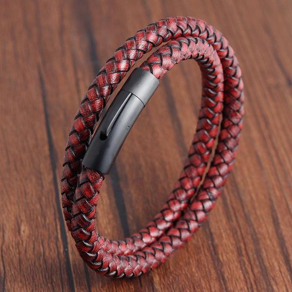 cord bracelet with stainless steel leather leather bracelet with retro men jewelry, Black
