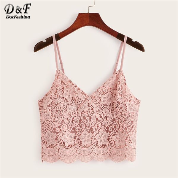 

dotfashion solid guipure lace zip back crop cami 2019 summer for women clothes casual vest ladies boho scallop camisole, White