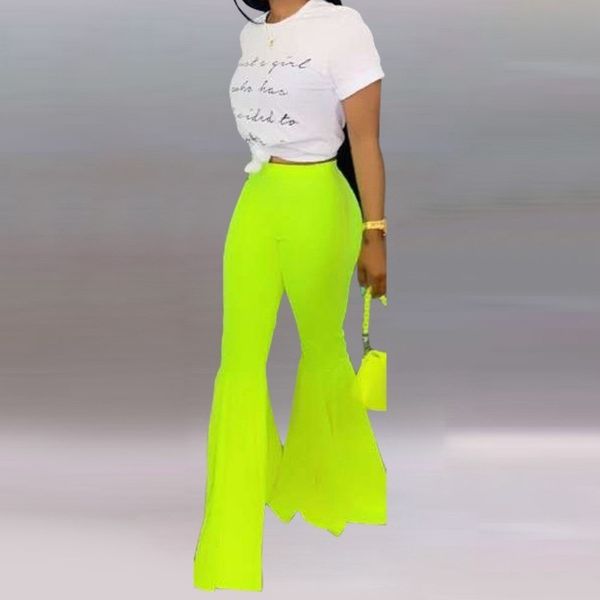 bkld neon green pants boho high waist flare pants trousers ladies fashion elastic wide leg female summer neon clothing, Black;white
