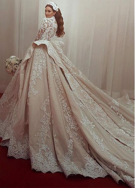 luxury ball gown muslim wedding dresses elegant champagne high neck lace long sleeves country bridal dresses chapel train plus size gowns, White
luxury ball gown muslim wedding dresses elegant champagne high neck lace long sleeves country bridal dresses chapel train plus size gowns, White