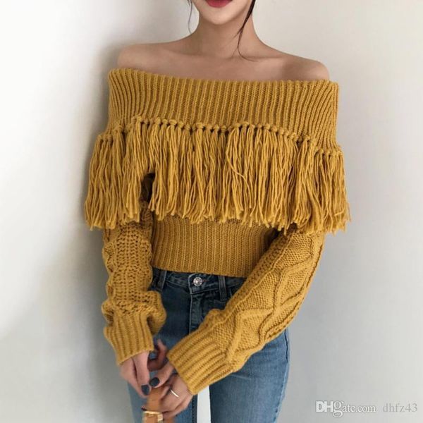 ins south korean early autumn retro small off shoulder tassel design sense pattern knitwear sweater woman, White;black
ins south korean early autumn retro small off shoulder tassel design sense pattern knitwear sweater woman, White;black
