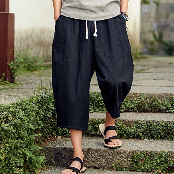 summer men casual cotton linen pant wide leg pocket loose retro drawstring elastick waist calf-length trousers for men, Black
summer men casual cotton linen pant wide leg pocket loose retro drawstring elastick waist calf-length trousers for men, Black