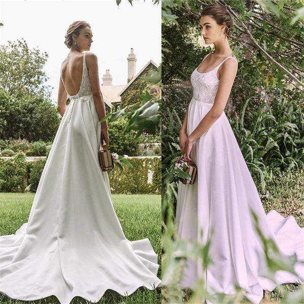 wedding dresses scoop sleeveless appliqued lace a-line boho bridal dress backless satin sweep train custom made robes de mariée, White 
wedding dresses scoop sleeveless appliqued lace a-line boho bridal dress backless satin sweep train custom made robes de mariée, White