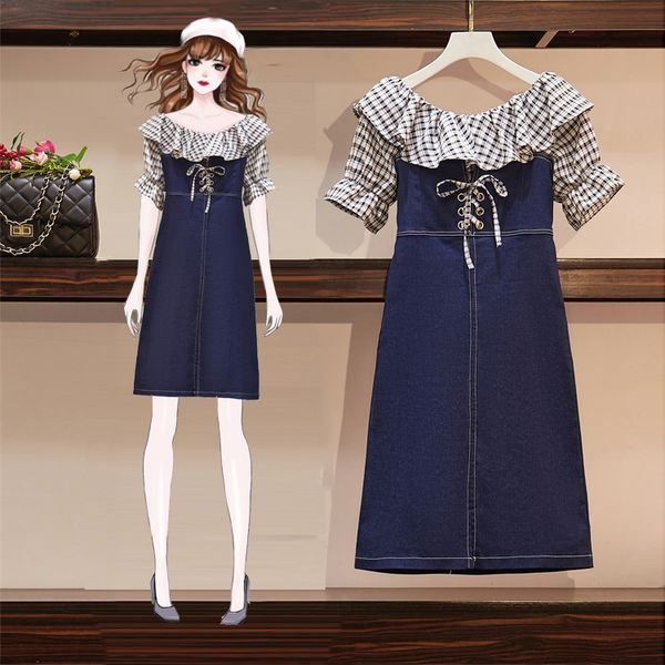 women's suit 2020 summer new large size plaid shirt slim slimming denim strap dress two-piece suit, White
women's suit 2020 summer new large size plaid shirt slim slimming denim strap dress two-piece suit, White