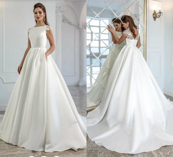2019 elegant satin boho wedding dresses jewel neck a line cap sleeve sweep train beach wedding dress custom made vestidos de novia, White
2019 elegant satin boho wedding dresses jewel neck a line cap sleeve sweep train beach wedding dress custom made vestidos de novia, White