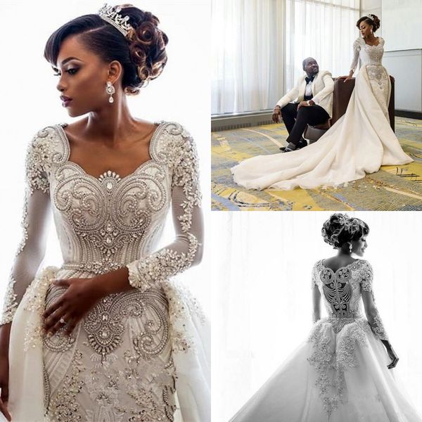 luxury crystal beaded long sleeved dubai arabic mermaid wedding dresses with detachable train real pictures plus size bridal gown, White
luxury crystal beaded long sleeved dubai arabic mermaid wedding dresses with detachable train real pictures plus size bridal gown, White