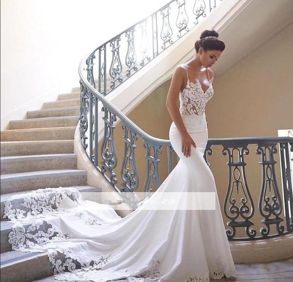 2019 spaghetti straps lace mermaid sheer illusion wedding dresses unique satin lace applique sweep train wedding bridal gowns court train, White
2019 spaghetti straps lace mermaid sheer illusion wedding dresses unique satin lace applique sweep train wedding bridal gowns court train, White