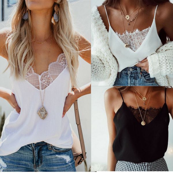 women satin and lace sleeveless camisole tanks camis, White