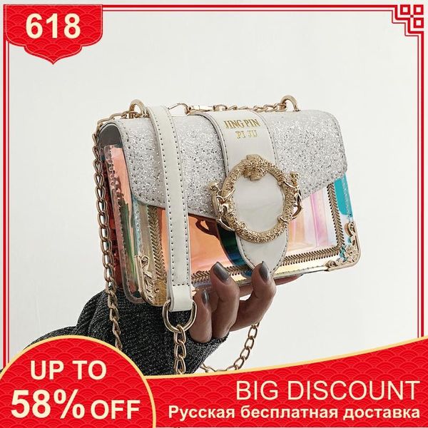 transparent laser square bag fashion ins pvc women's designer handbag sequin chain shoulder messenger bag
