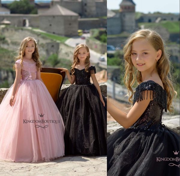 Lovely Pink Sequins Flower Girl Dresses Off Shoulders Tassel A Line Tulle Girls Pageant Gowns Custom Made Girls Wear For Weddings 
Lovely Pink Sequins Flower Girl Dresses Off Shoulders Tassel A Line Tulle Girls Pageant Gowns Custom Made Girls Wear For Weddings
