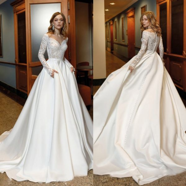 lace wedding dresses sheer bateau neck long sleeves bridal gowns a line sweep train satin robe de mariée, White
lace wedding dresses sheer bateau neck long sleeves bridal gowns a line sweep train satin robe de mariée, White