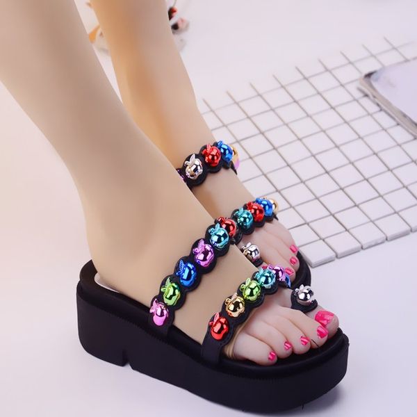 

cute women summer slippers wedge shoes slides vrouwen schoenen pantoffels dames chaussures woman flip flops buty damskie, Black