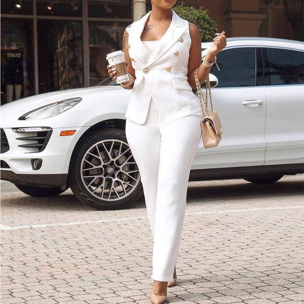 women pant suits white two piece set sleeveless double-breasted blazer and pant office matching set fashion streetwear, White;black
women pant suits white two piece set sleeveless double-breasted blazer and pant office matching set fashion streetwear, White;black