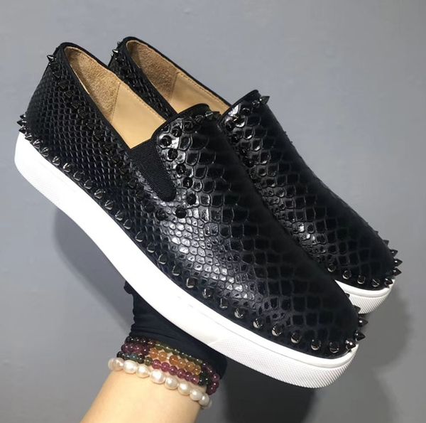 low snake leather gold spikes casual flats red bottom shoes new luxury for men and women party designer sneakers lovers genuine, Black
low snake leather gold spikes casual flats red bottom shoes new luxury for men and women party designer sneakers lovers genuine, Black