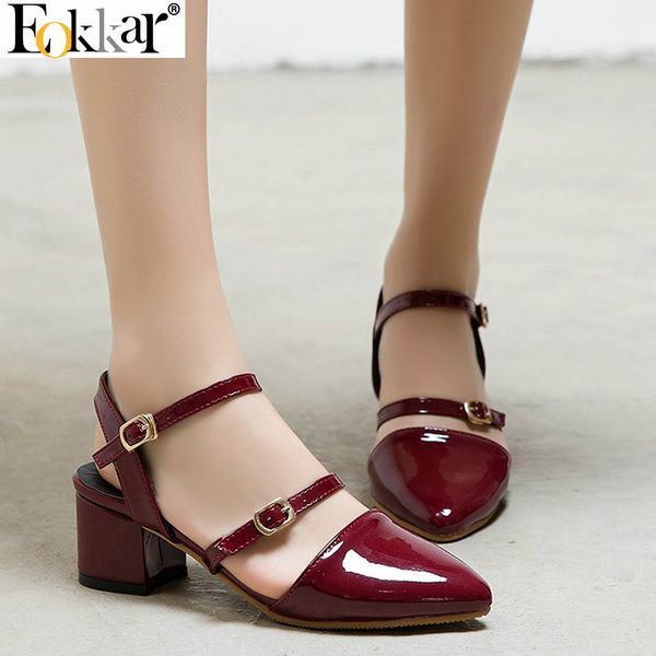 

eokkar 2019 women pumps pointed toe patent leather mary janes shoes women ankle strap pumps square heel ladies size 34-45, Black
