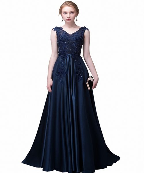 dark navy v neck satin evening dresses formal sleeveless simple modest floor length beading prom dresses after party gowns, Black;red
dark navy v neck satin evening dresses formal sleeveless simple modest floor length beading prom dresses after party gowns, Black;red
