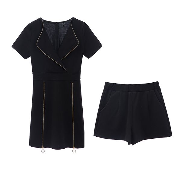 2019 summer women's new black two-piece v-neck temperament slim high waist zipper chic + elastic waist shorts suit women z13, White
2019 summer women's new black two-piece v-neck temperament slim high waist zipper chic + elastic waist shorts suit women z13, White