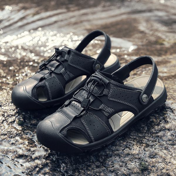 men's sandals genuine leather men beach roman sandals breathable men outdoor shoes flip flops slippers sneakers summer shoes, Black 
men's sandals genuine leather men beach roman sandals breathable men outdoor shoes flip flops slippers sneakers summer shoes, Black