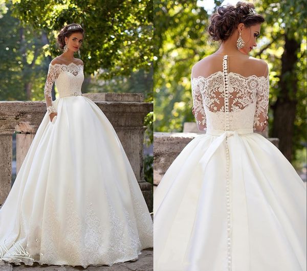 milla nova long sleeves wedding gowns sheer neckline appliques sweep train satin vintage country bridal wedding dresses, White
milla nova long sleeves wedding gowns sheer neckline appliques sweep train satin vintage country bridal wedding dresses, White