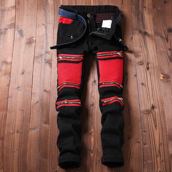 men's biker jeans pants slim red black cloth spliced denim trousers brand designer multi zippers patchwork straight moto pants, Blue
men's biker jeans pants slim red black cloth spliced denim trousers brand designer multi zippers patchwork straight moto pants, Blue