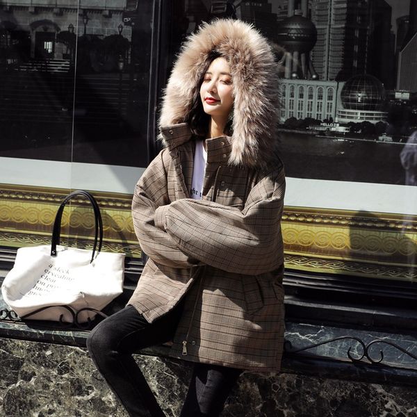 fashion network red plaid fur collar hooded down coat short-height cotton coat, Blue;black