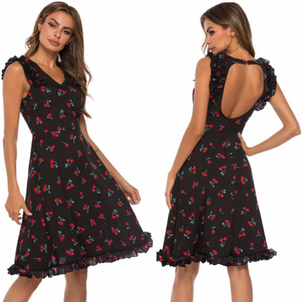 summer women cherry printed v-neck backless midi dress fashion ruffles slim bodycon sundress plus size vestido femme, Black;gray
summer women cherry printed v-neck backless midi dress fashion ruffles slim bodycon sundress plus size vestido femme, Black;gray