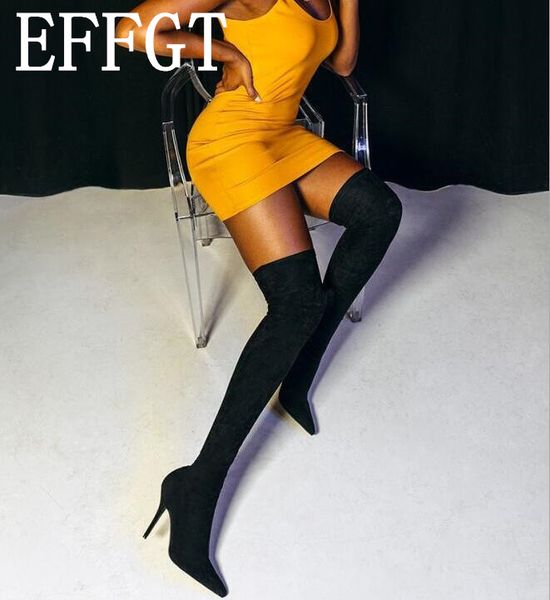

effgt size 35-40 fashion 2019 stretch sock women boots pointed toe over-the-knee thigh high long boots woman shoes z328, Black