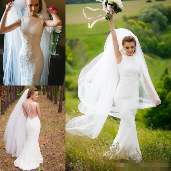2019 chic lace mermaid wedding dresses sleeveless sweep train jewel neck illusion back custom made country wedding bridal gown, White
2019 chic lace mermaid wedding dresses sleeveless sweep train jewel neck illusion back custom made country wedding bridal gown, White