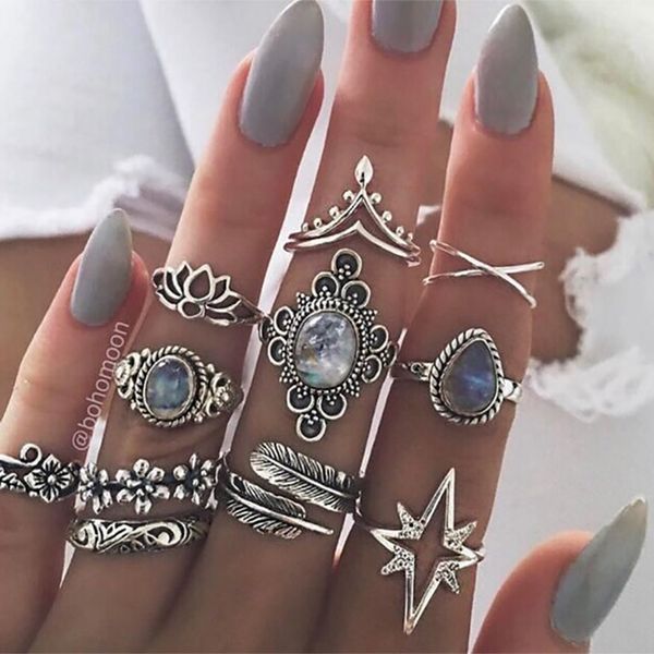 

knuckle ring set retro diamond carved starry gemstone 11 piece set boho can be superimposed ring female silver, Golden;silver