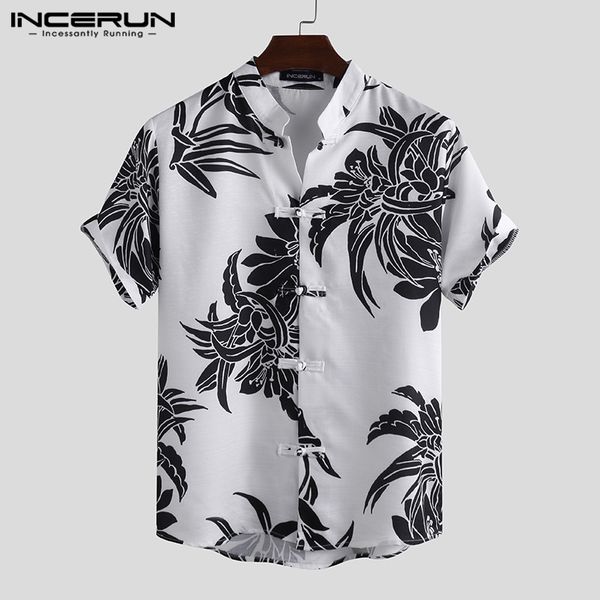 incerun chinese style flower printed shirt men casual short sleeve button up vintage stand collar 2020 streetwear chemise, White;black 
incerun chinese style flower printed shirt men casual short sleeve button up vintage stand collar 2020 streetwear chemise, White;black