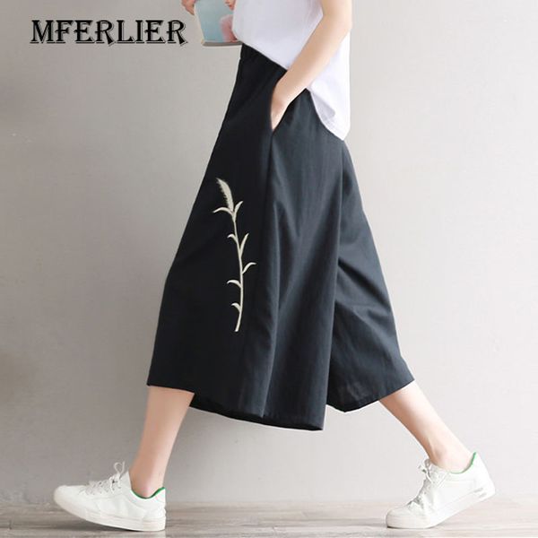 women's pants & capris mferlier summer trousers vintage grass embroidered woman loose solid black elastic high waist wide leg, Black;white
women's pants & capris mferlier summer trousers vintage grass embroidered woman loose solid black elastic high waist wide leg, Black;white