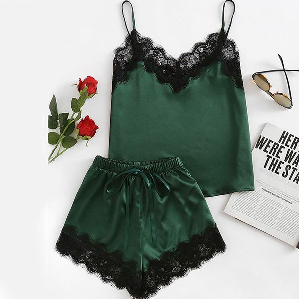women lace pajamas sets spaghetti straps satin camis shorts suits female v-neck sleepwear pajama sets, Blue;gray
women lace pajamas sets spaghetti straps satin camis shorts suits female v-neck sleepwear pajama sets, Blue;gray