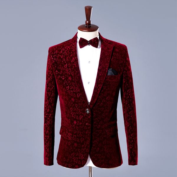 

men slim fit suit blazer wine red burgundy velvet floral pattern jacket for dance party, wedding,banquet,prom with tie, White;black