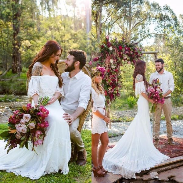 New Style Bohemian Wedding Dresses Lace Short Sleeves Cheap Off the Shoulder Bridal Dresses Sweep Train Plus Size Wedding Party Gowns
New Style Bohemian Wedding Dresses Lace Short Sleeves Cheap Off the Shoulder Bridal Dresses Sweep Train Plus Size Wedding Party Gowns
