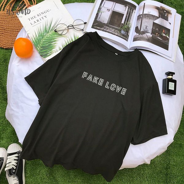 cotton harajuku letter print tshirt women summer short sleeve amp; tees fashion casual kpop fake love album t shirt, White 
cotton harajuku letter print tshirt women summer short sleeve amp; tees fashion casual kpop fake love album t shirt, White