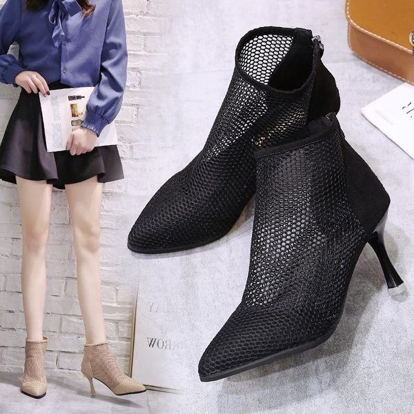 sandals summer boots women high heels pumps breathable mesh pointy toe zip short ankle shoes thin heel, Black
sandals summer boots women high heels pumps breathable mesh pointy toe zip short ankle shoes thin heel, Black