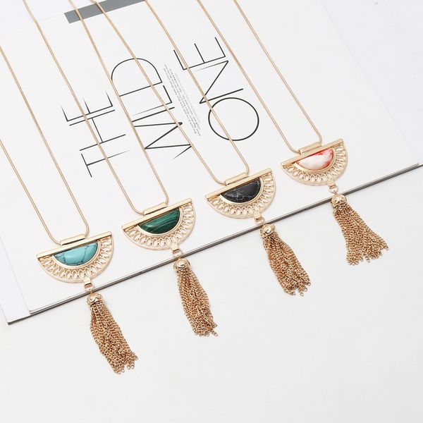 black pink semicircle stone kallaite malachite metal tassels long snake chain sweater necklace geometric jewelry, Silver
black pink semicircle stone kallaite malachite metal tassels long snake chain sweater necklace geometric jewelry, Silver