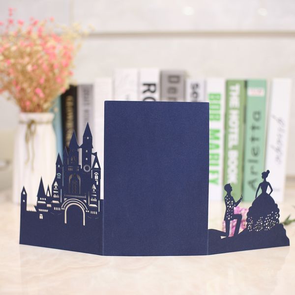 

drop shipping 1pcs burgundy hollow laser cut tri-fold white castle couple pocket fold wedding invitation card pocket invite