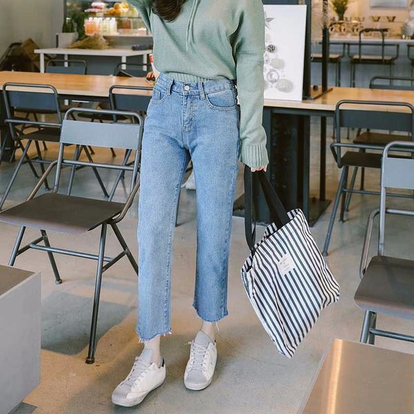 new casual straight womens jeans washed high waisted korean denim jeans ripped feminino, Blue
new casual straight womens jeans washed high waisted korean denim jeans ripped feminino, Blue