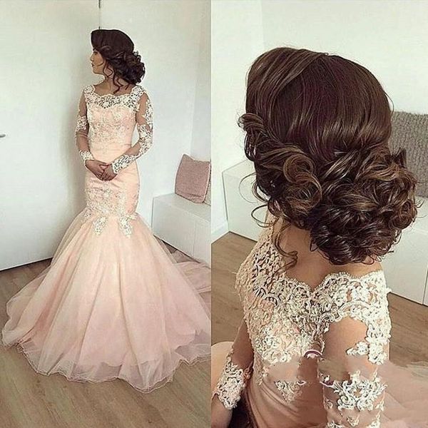 2019 new luxury mermaid prom dresses pink scalloped illusion lace appliques long sleeves tiered sweep train tulle party evening gowns, Black
2019 new luxury mermaid prom dresses pink scalloped illusion lace appliques long sleeves tiered sweep train tulle party evening gowns, Black