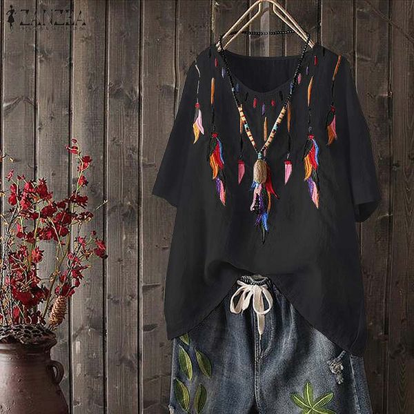 

blusas 2019 zanzea casual v neck short sleeve blouse summer women retro boho embroidered party loose shirts tunic femme, White