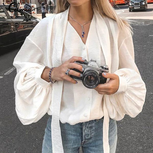 v-neck korean style women lantern sleeve blouse shirts celmia 2020 casual loose buttons solid bow tie plus size blusas, White
v-neck korean style women lantern sleeve blouse shirts celmia 2020 casual loose buttons solid bow tie plus size blusas, White