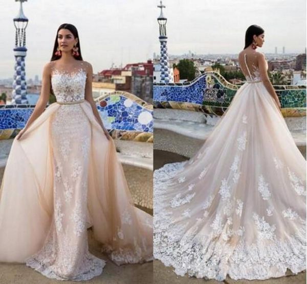 2019 new modest mermaid lace wedding dresses with detachable train milla nova appliqued sheer neckline beads trumpet bridal gowns, White
2019 new modest mermaid lace wedding dresses with detachable train milla nova appliqued sheer neckline beads trumpet bridal gowns, White